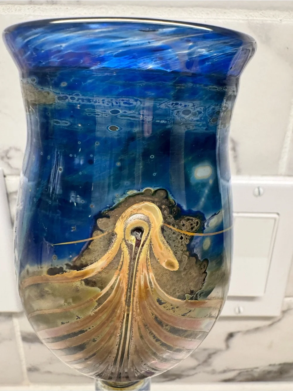 Signed Princ Art Glass Czechoslovakia Chalice Goblet Cobalt Pulled Feather